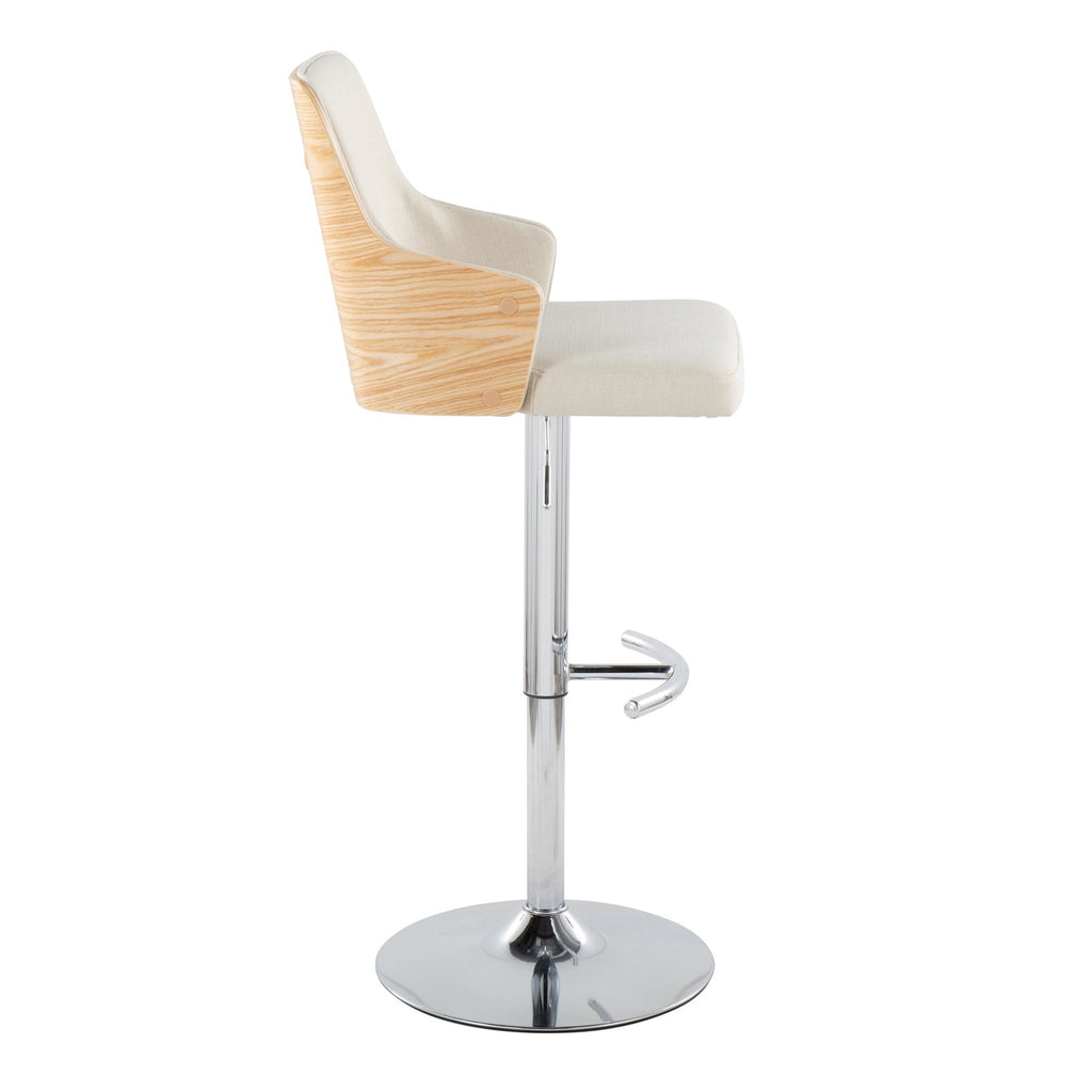 Stella Adjustable Barstool - Set of 2 - Chrome Metal, Natural Wood, Cream Fabric