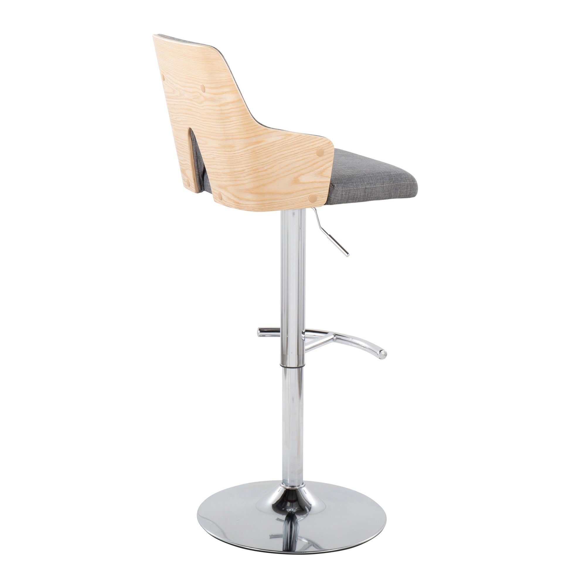 Stella Adjustable Barstool - Set of 2 - Chrome Metal, Natural Wood, Light Grey Fabric