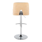 Stella Adjustable Barstool - Set of 2 - Chrome Metal, Natural Wood, Light Grey Fabric