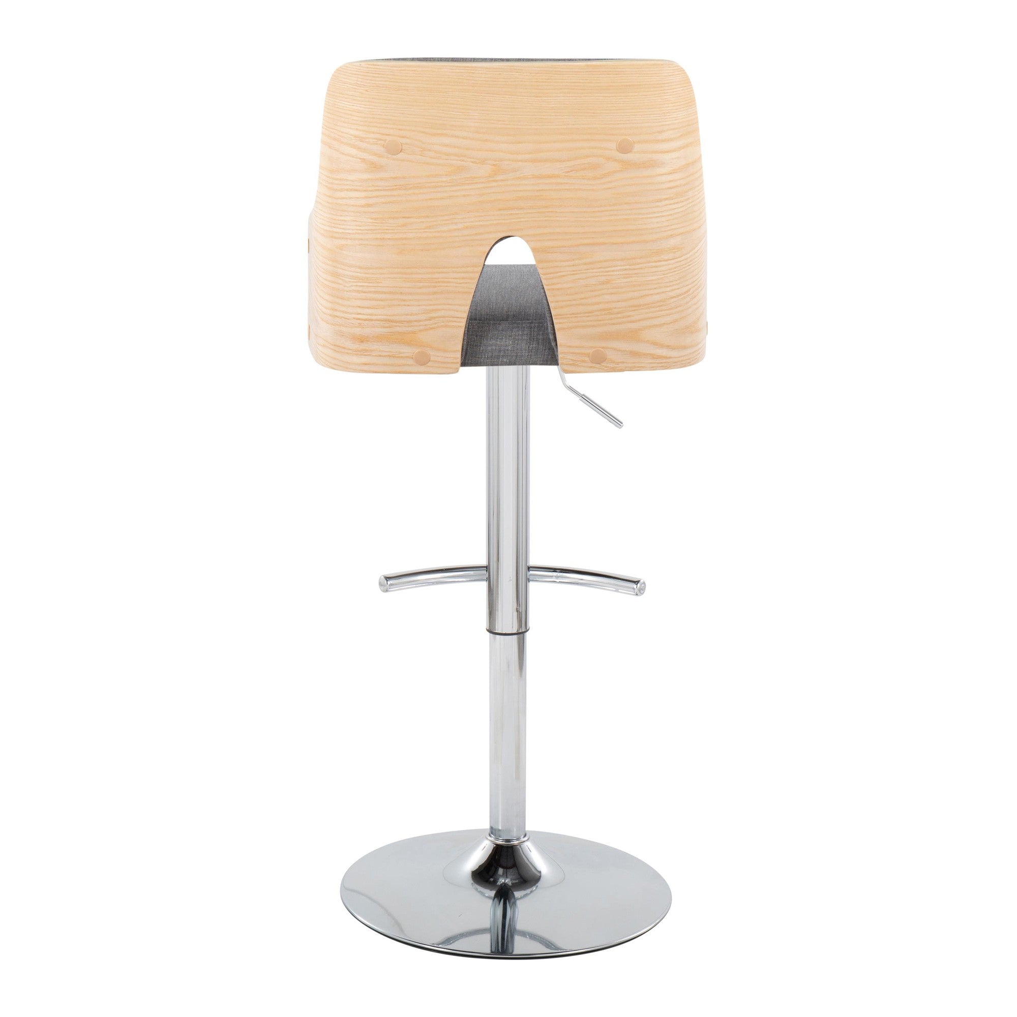 Stella Adjustable Barstool - Set of 2 - Chrome Metal, Natural Wood, Light Grey Fabric