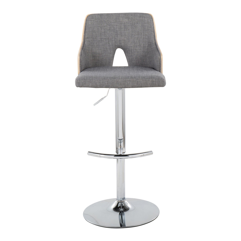 Stella Adjustable Barstool - Set of 2 - Chrome Metal, Natural Wood, Light Grey Fabric