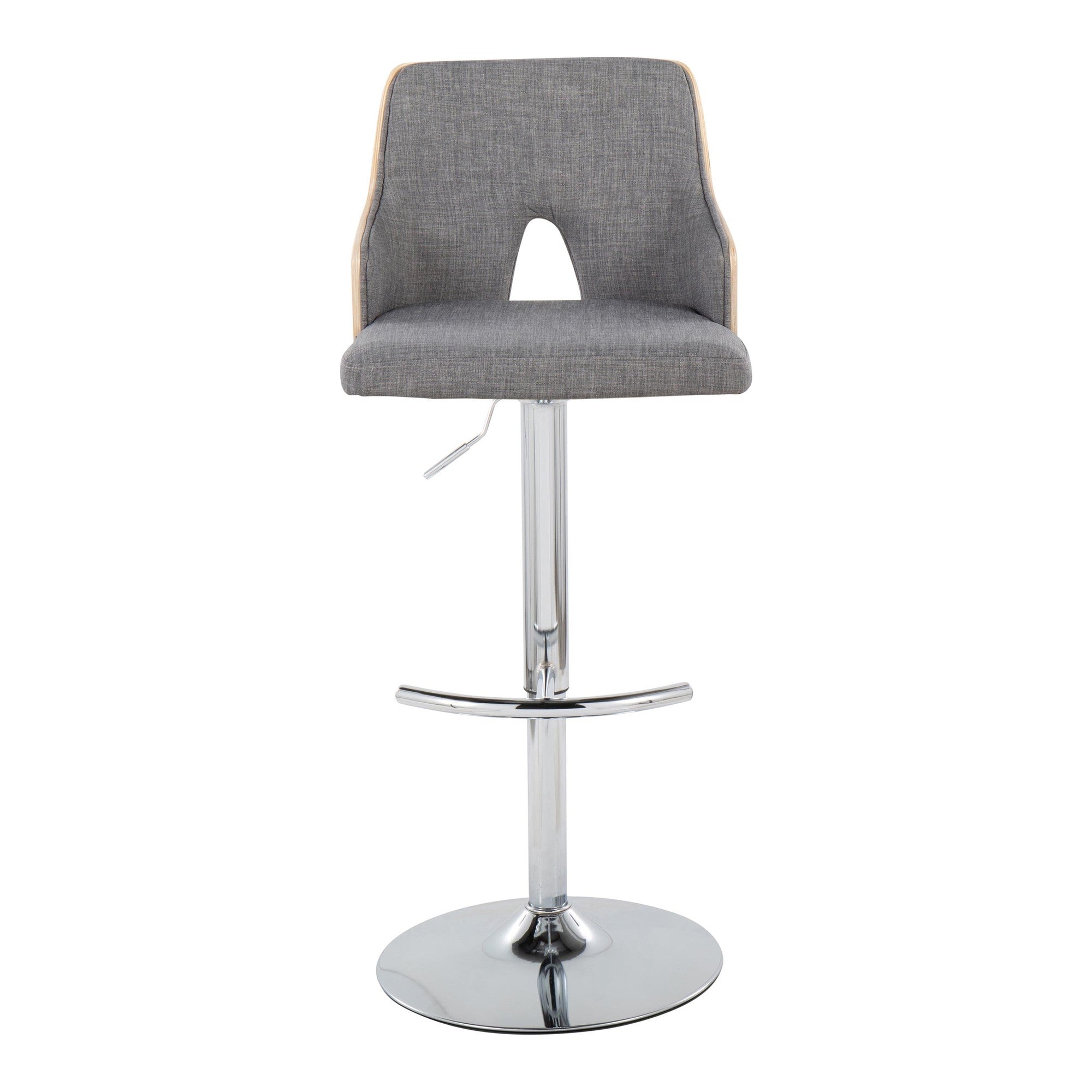 Stella Adjustable Barstool - Set of 2 - Chrome Metal, Natural Wood, Light Grey Fabric