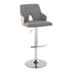 Stella Adjustable Barstool - Set of 2 - Chrome Metal, Natural Wood, Light Grey Fabric