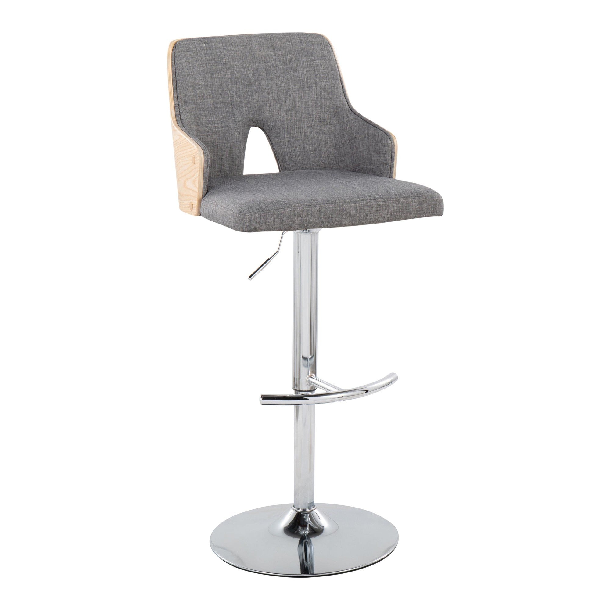 Stella Adjustable Barstool - Set of 2 - Chrome Metal, Natural Wood, Light Grey Fabric