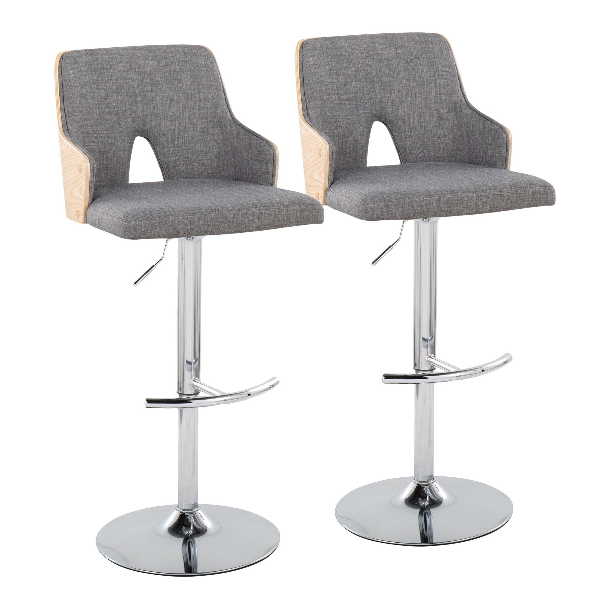 Stella Adjustable Barstool - Set of 2 - Chrome Metal, Natural Wood, Light Grey Fabric