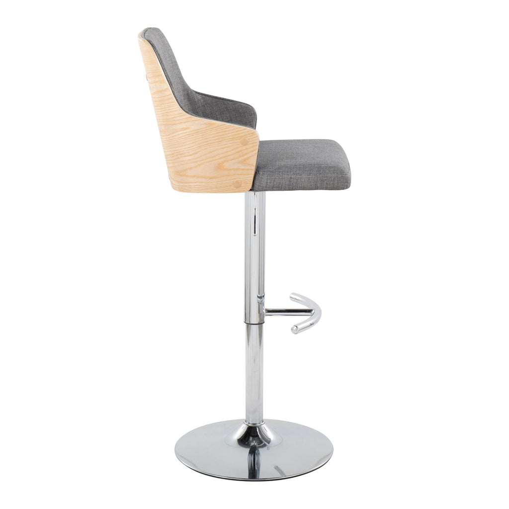 Stella Adjustable Barstool - Set of 2 - Chrome Metal, Natural Wood, Light Grey Fabric