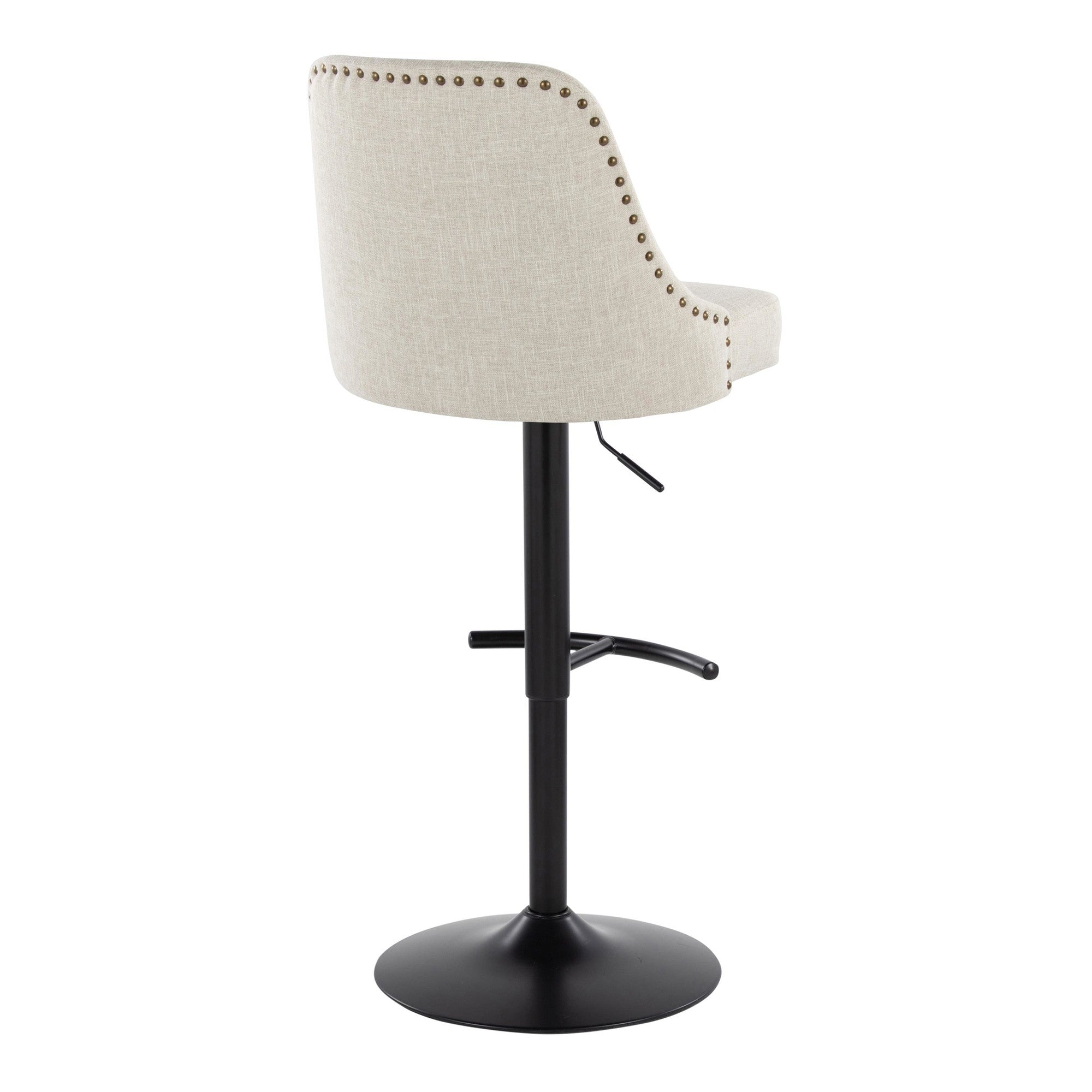 Studded Marcel Barstool - Set of 2 - Black Metal, Cream Fabric, Brass Metal