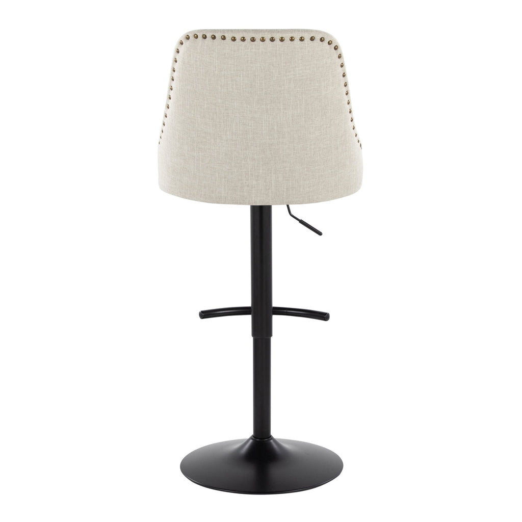 Studded Marcel Barstool - Set of 2 - Black Metal, Cream Fabric, Brass Metal