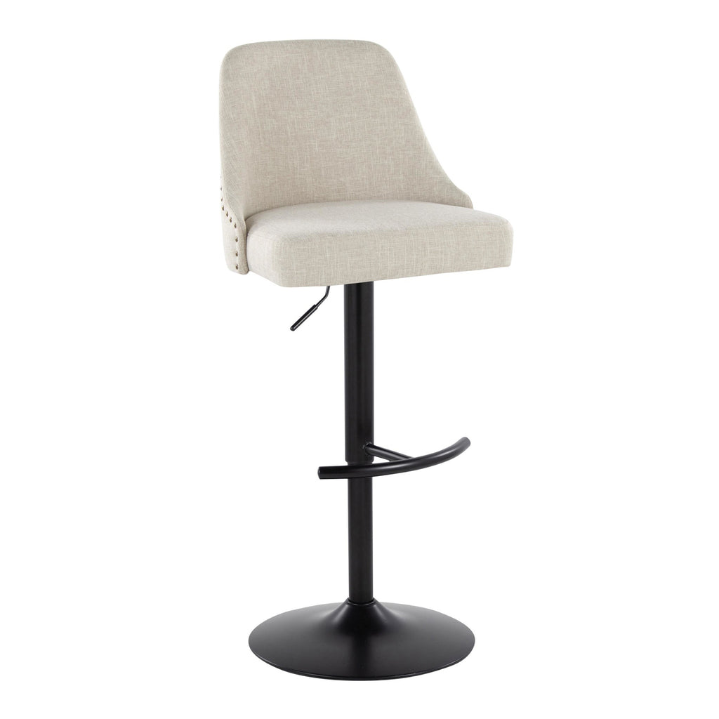 Studded Marcel Barstool - Set of 2 - Black Metal, Cream Fabric, Brass Metal