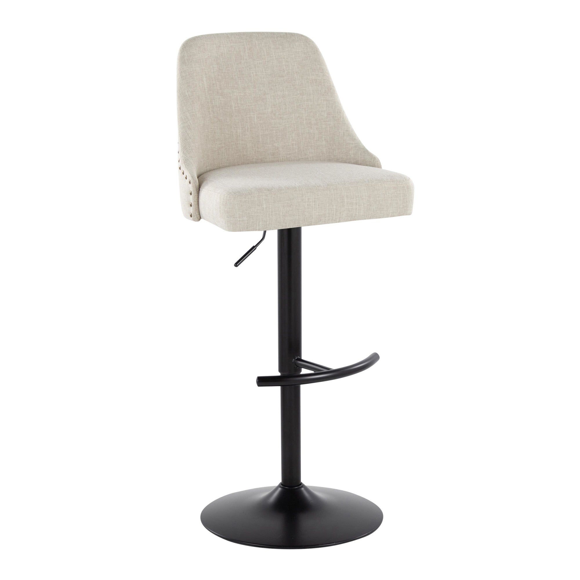 Studded Marcel Barstool - Set of 2 - Black Metal, Cream Fabric, Brass Metal