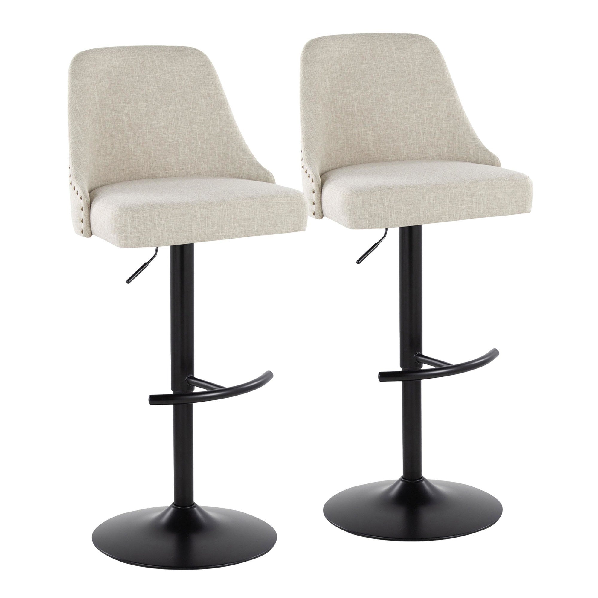 Studded Marcel Barstool - Set of 2 - Black Metal, Cream Fabric, Brass Metal