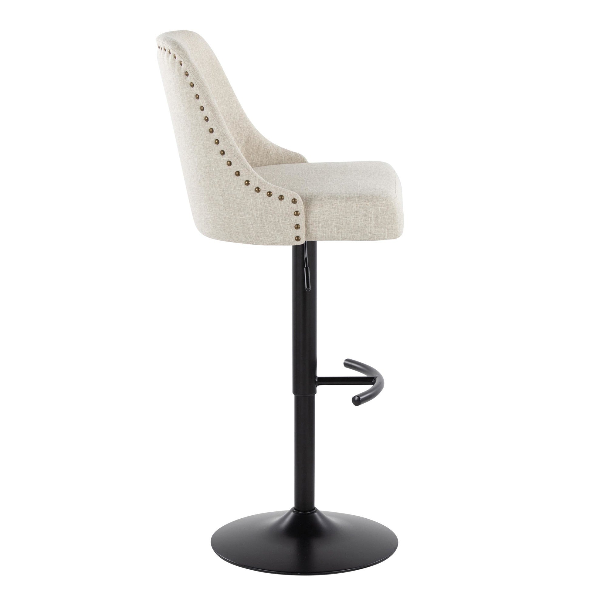 Studded Marcel Barstool - Set of 2 - Black Metal, Cream Fabric, Brass Metal