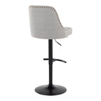 Studded Marcel Adjustable Barstool - Set of 2 - Black Metal, Light Grey Fabric, Brass Metal