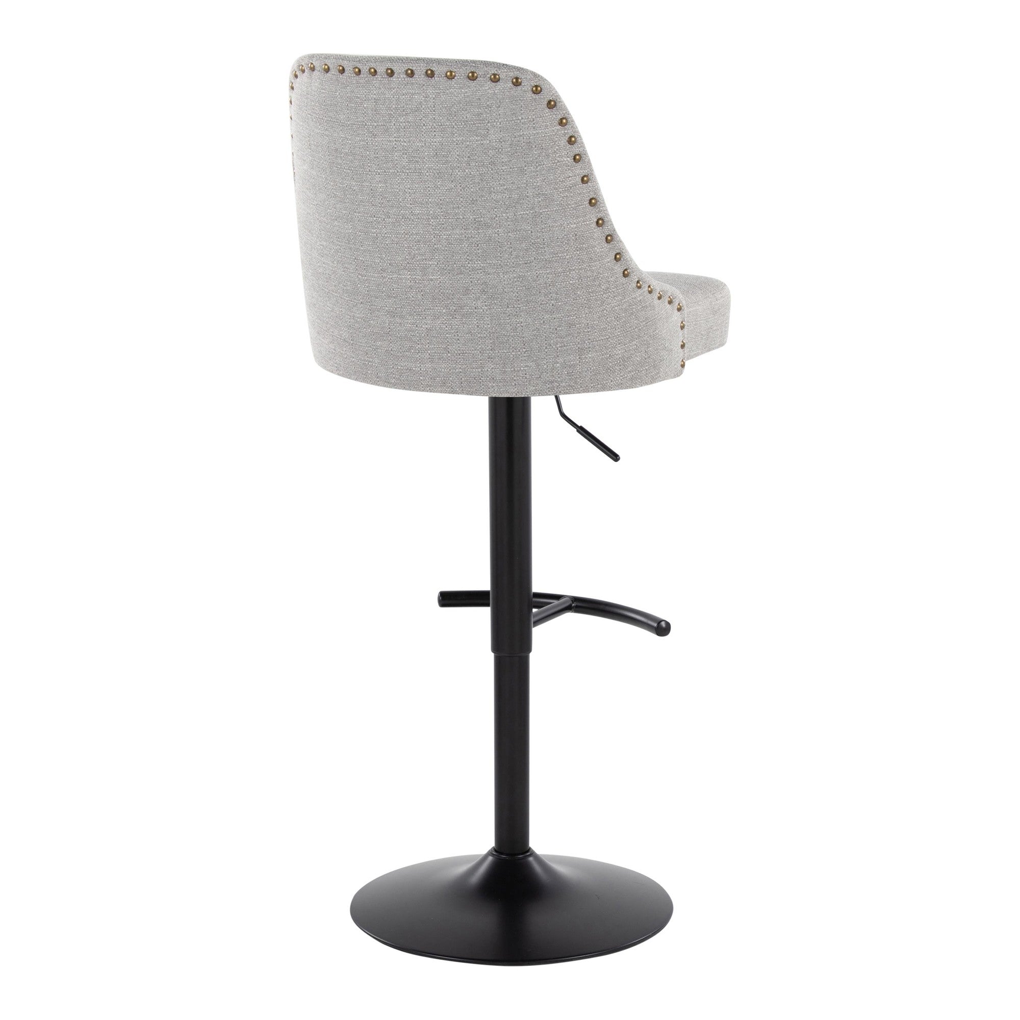 Studded Marcel Adjustable Barstool - Set of 2 - Black Metal, Light Grey Fabric, Brass Metal