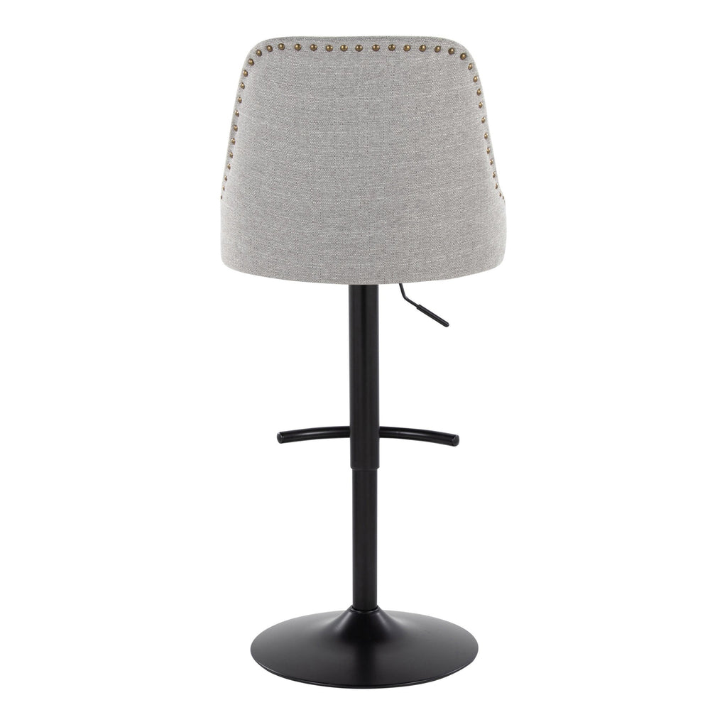 Studded Marcel Adjustable Barstool - Set of 2 - Black Metal, Light Grey Fabric, Brass Metal