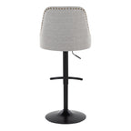 Studded Marcel Adjustable Barstool - Set of 2 - Black Metal, Light Grey Fabric, Brass Metal