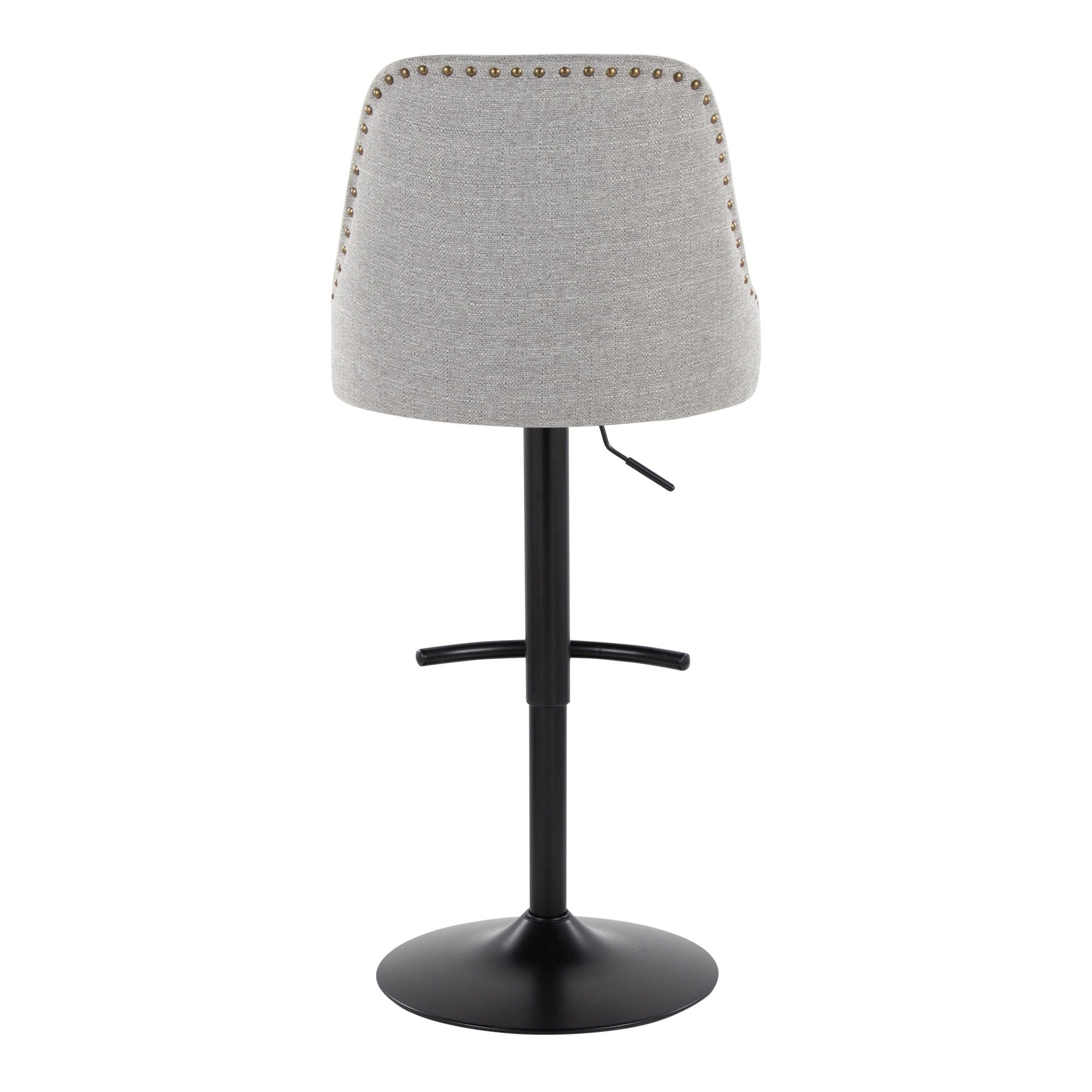 Studded Marcel Adjustable Barstool - Set of 2 - Black Metal, Light Grey Fabric, Brass Metal