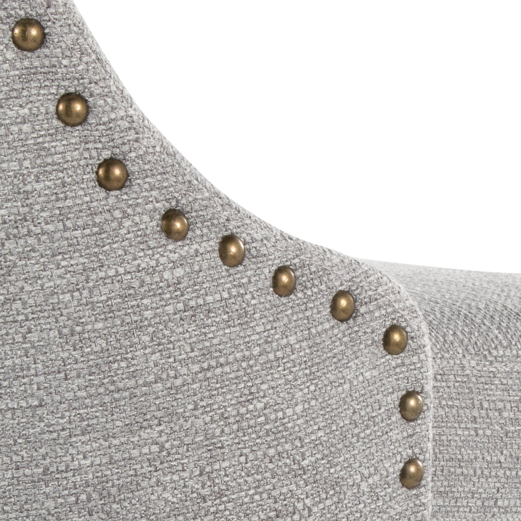 Studded Marcel Adjustable Barstool - Set of 2 - Black Metal, Light Grey Fabric, Brass Metal