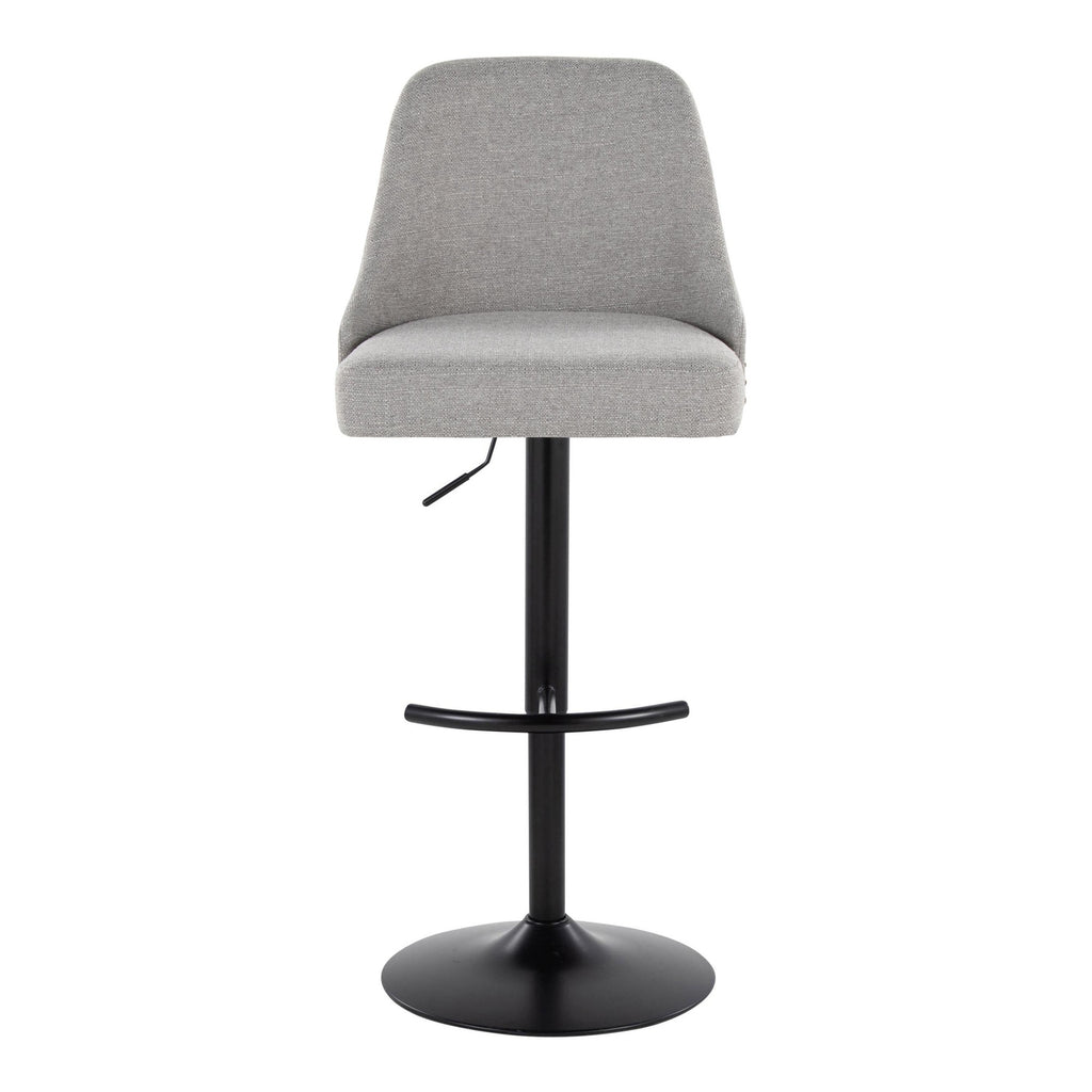 Studded Marcel Adjustable Barstool - Set of 2 - Black Metal, Light Grey Fabric, Brass Metal