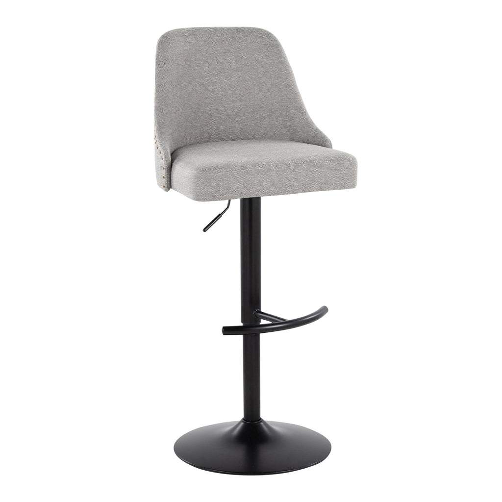 Studded Marcel Adjustable Barstool - Set of 2 - Black Metal, Light Grey Fabric, Brass Metal