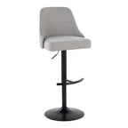 Studded Marcel Adjustable Barstool - Set of 2 - Black Metal, Light Grey Fabric, Brass Metal