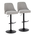 Studded Marcel Adjustable Barstool - Set of 2 - Black Metal, Light Grey Fabric, Brass Metal