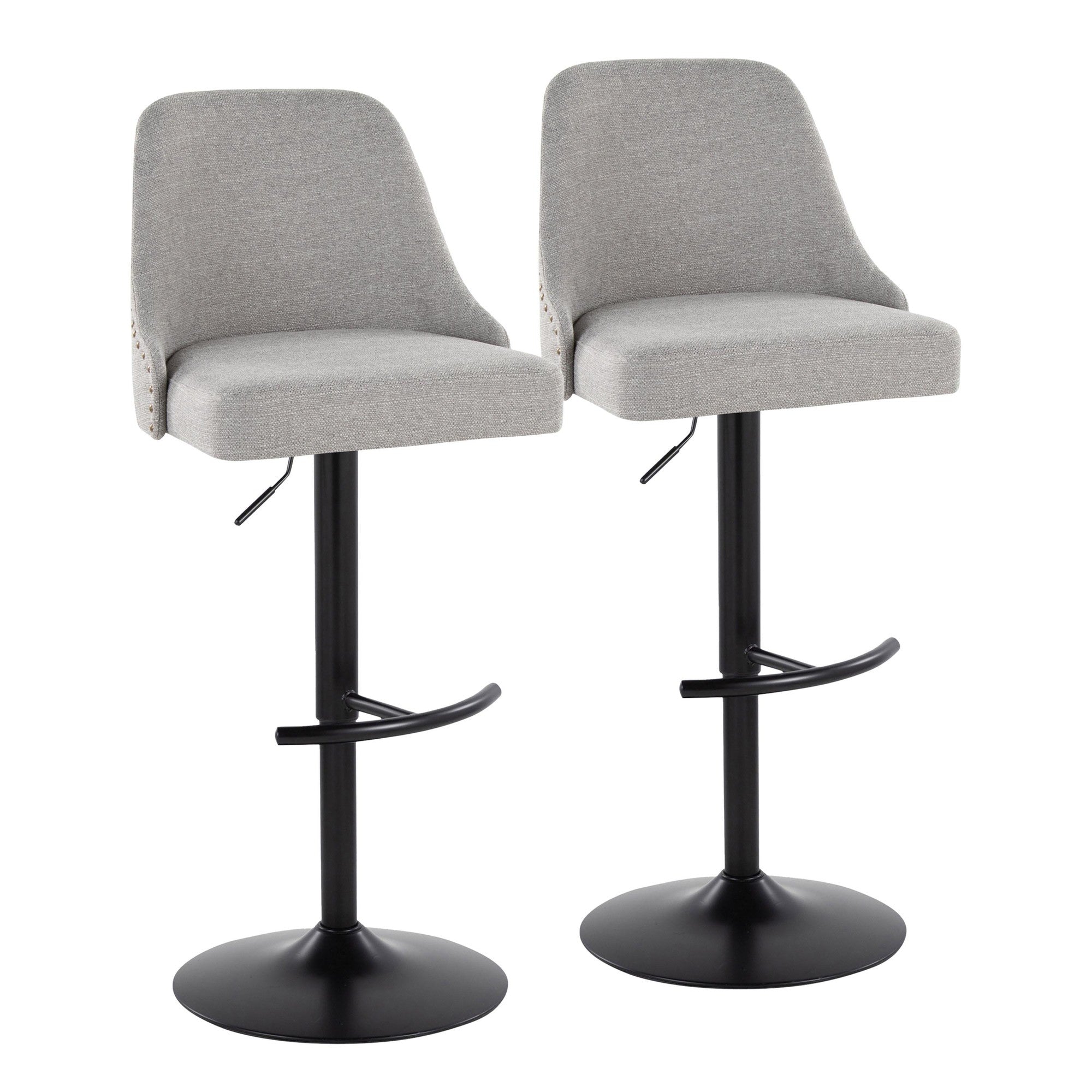 Studded Marcel Adjustable Barstool - Set of 2 - Black Metal, Light Grey Fabric, Brass Metal