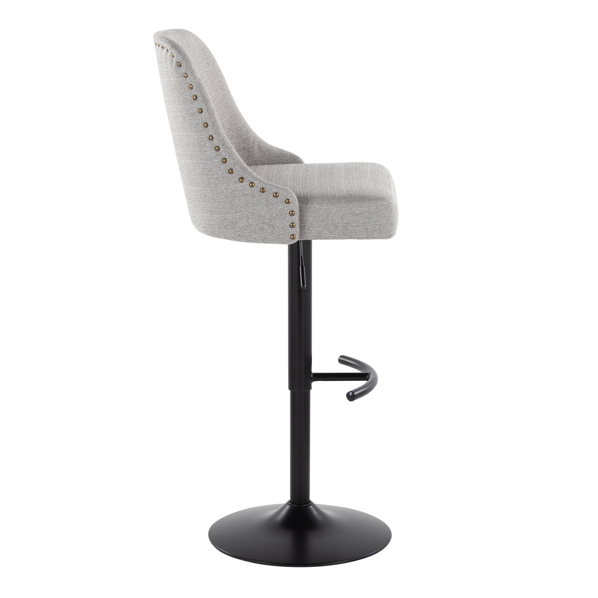 Studded Marcel Adjustable Barstool - Set of 2 - Black Metal, Light Grey Fabric, Brass Metal