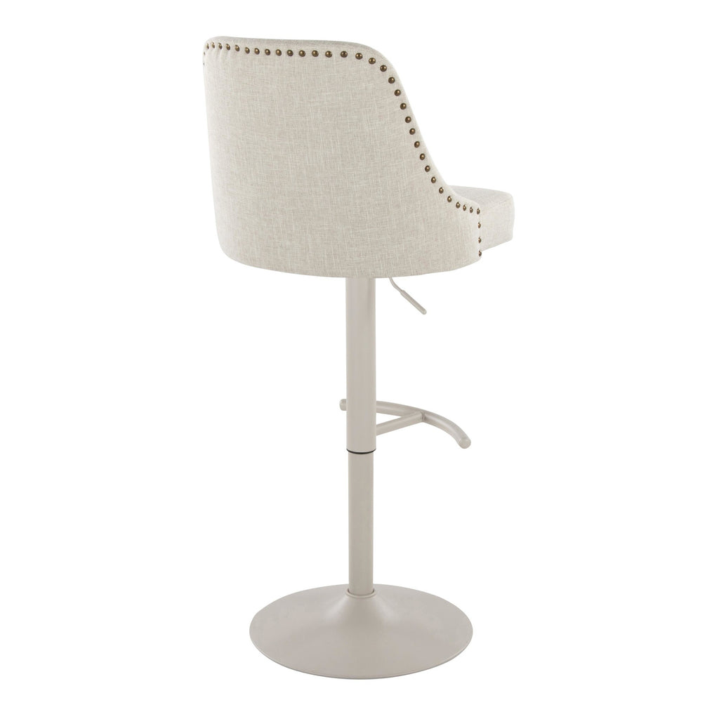 Studded Marcel Adjustable Barstool - Set of 2 - Pearl Grey Metal, Cream Fabric, Brass Metal