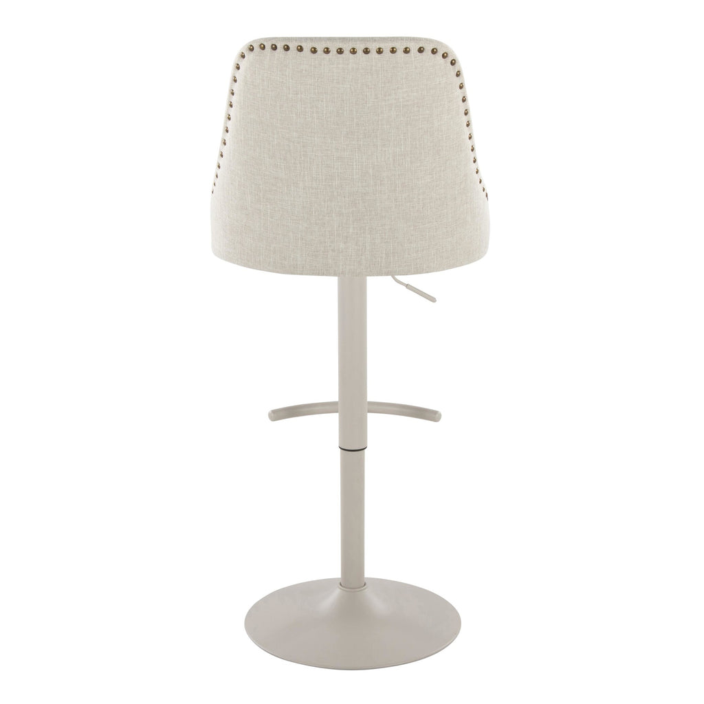 Studded Marcel Adjustable Barstool - Set of 2 - Pearl Grey Metal, Cream Fabric, Brass Metal