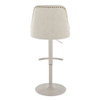 Studded Marcel Adjustable Barstool - Set of 2 - Pearl Grey Metal, Cream Fabric, Brass Metal