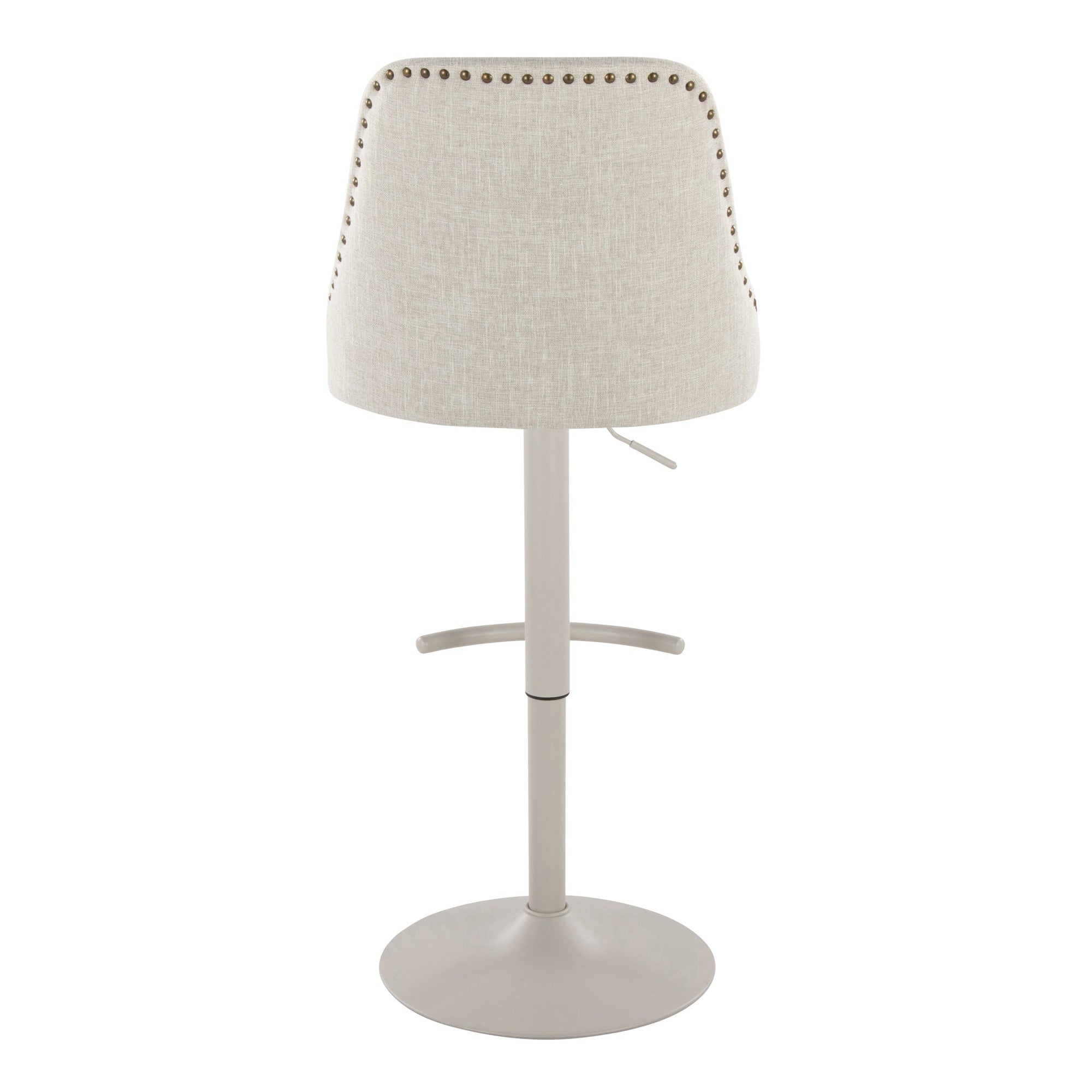 Studded Marcel Adjustable Barstool - Set of 2 - Pearl Grey Metal, Cream Fabric, Brass Metal