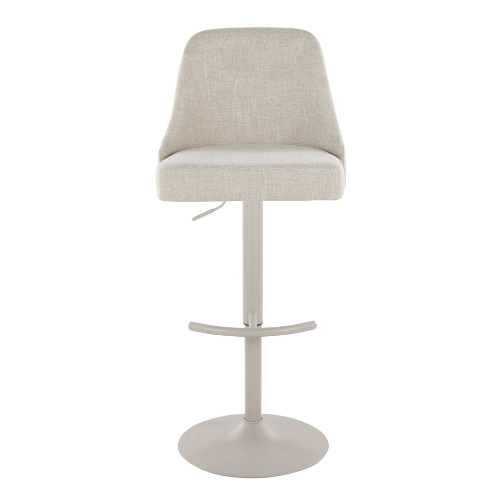 Studded Marcel Adjustable Barstool - Set of 2 - Pearl Grey Metal, Cream Fabric, Brass Metal