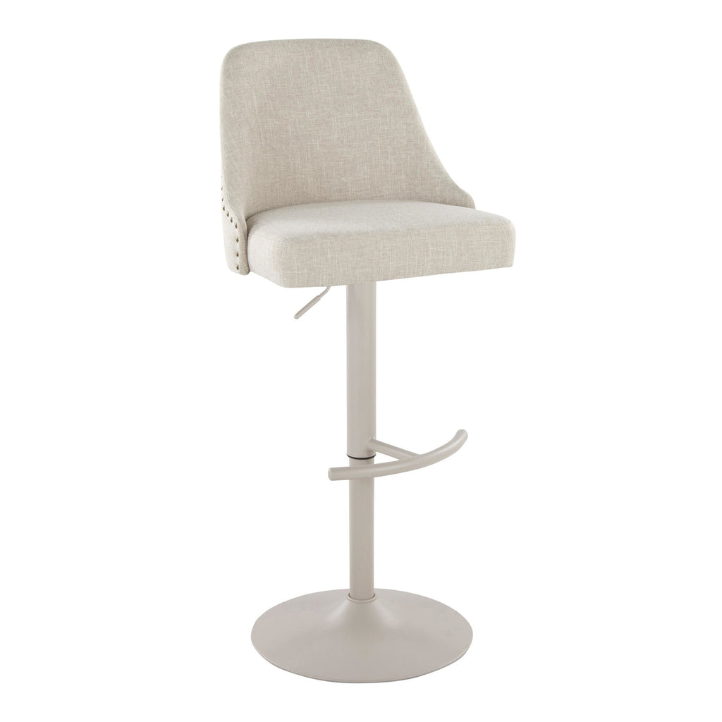 Studded Marcel Adjustable Barstool - Set of 2 - Pearl Grey Metal, Cream Fabric, Brass Metal