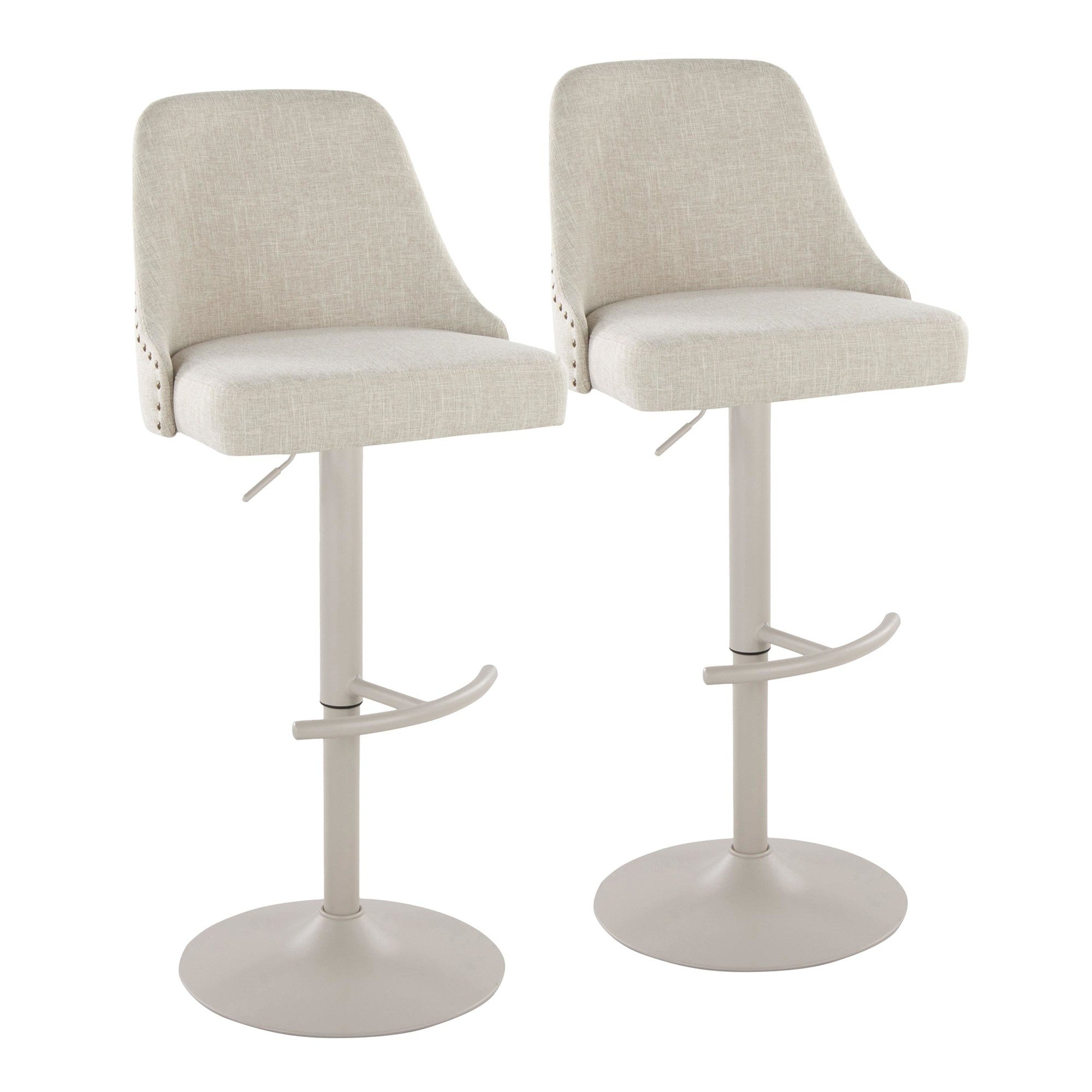 Studded Marcel Adjustable Barstool - Set of 2 - Pearl Grey Metal, Cream Fabric, Brass Metal