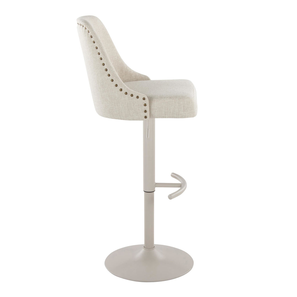 Studded Marcel Adjustable Barstool - Set of 2 - Pearl Grey Metal, Cream Fabric, Brass Metal