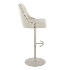Studded Marcel Adjustable Barstool - Set of 2 - Pearl Grey Metal, Cream Fabric, Brass Metal