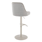 Studded Marcel Adjustable Barstool - Set of 2 - Pearl Grey Metal, Light Grey Fabric, Brass Metal