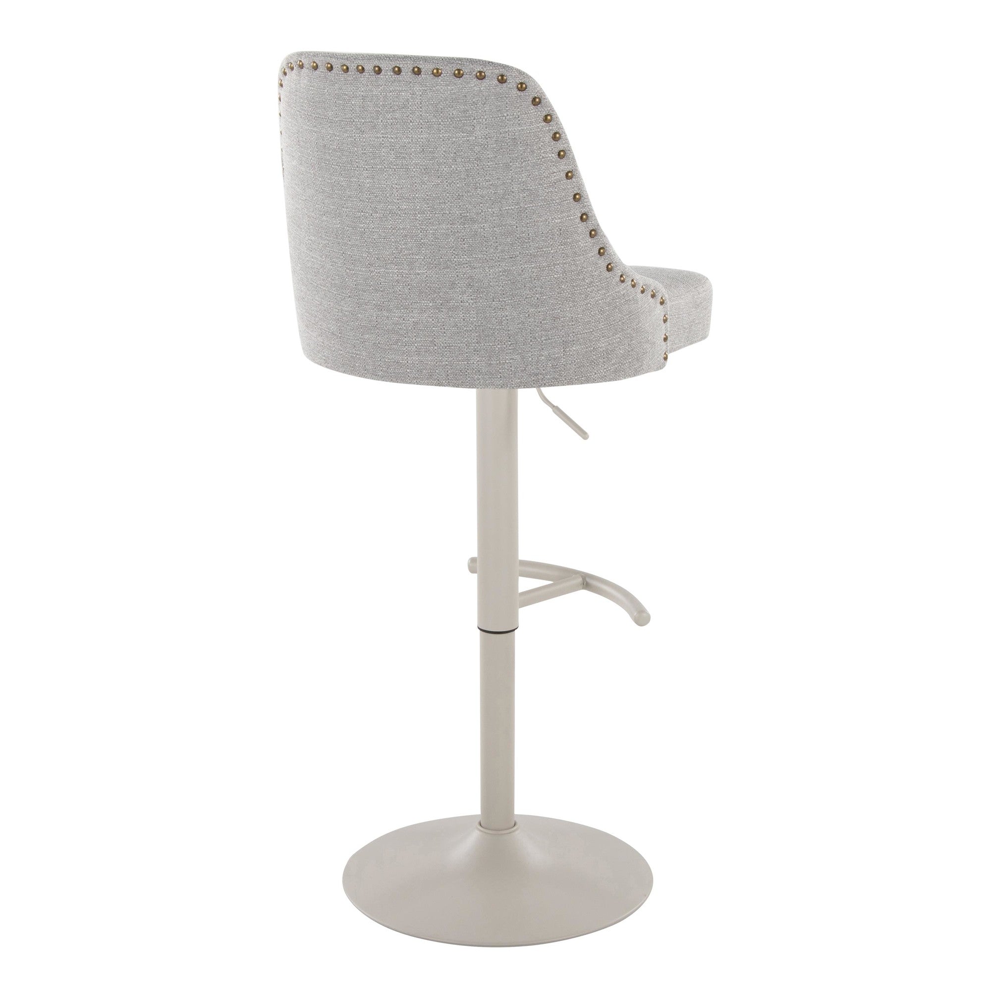 Studded Marcel Adjustable Barstool - Set of 2 - Pearl Grey Metal, Light Grey Fabric, Brass Metal