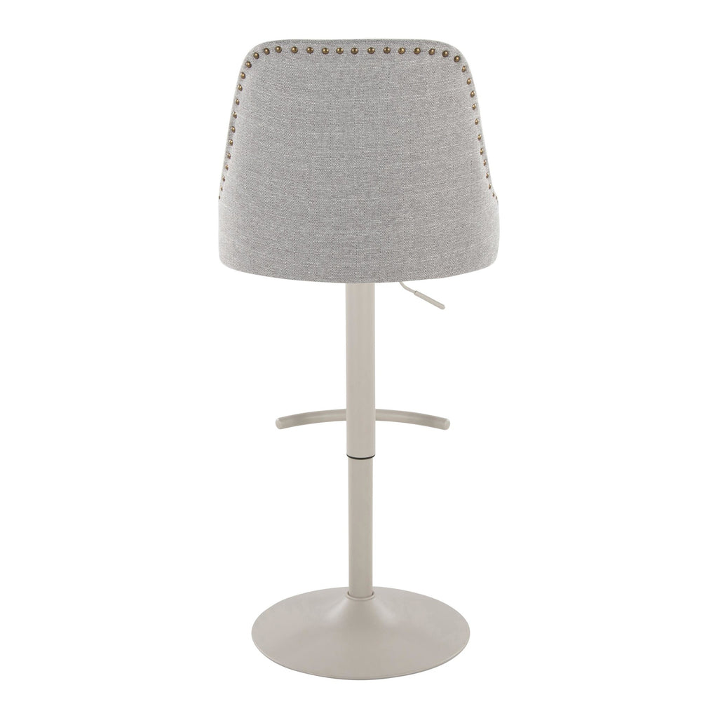 Studded Marcel Adjustable Barstool - Set of 2 - Pearl Grey Metal, Light Grey Fabric, Brass Metal