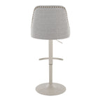 Studded Marcel Adjustable Barstool - Set of 2 - Pearl Grey Metal, Light Grey Fabric, Brass Metal