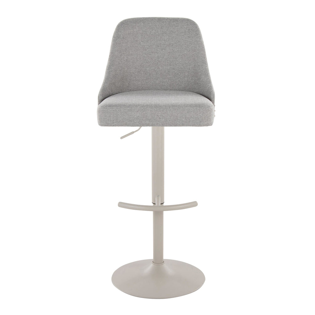 Studded Marcel Adjustable Barstool - Set of 2 - Pearl Grey Metal, Light Grey Fabric, Brass Metal