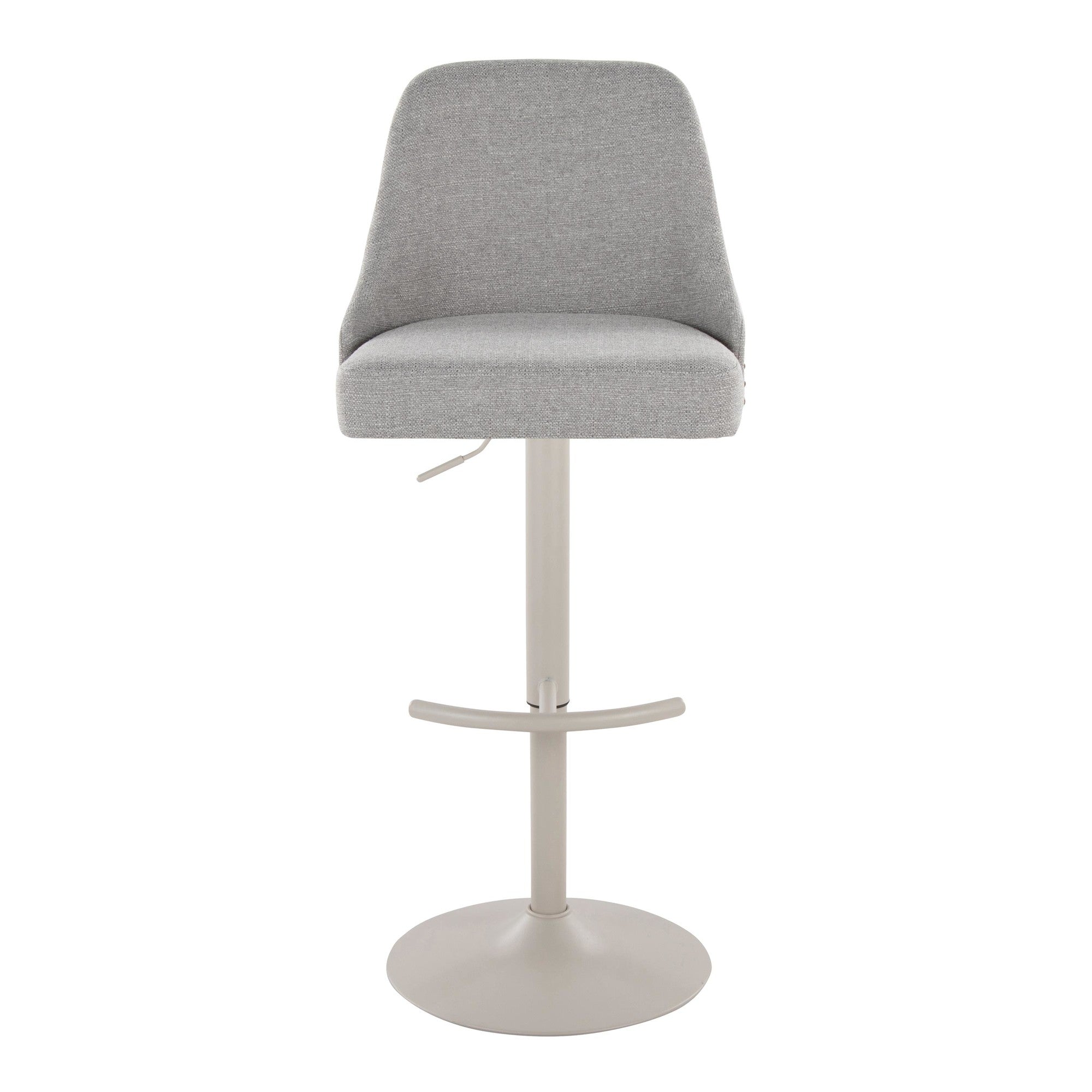 Studded Marcel Adjustable Barstool - Set of 2 - Pearl Grey Metal, Light Grey Fabric, Brass Metal