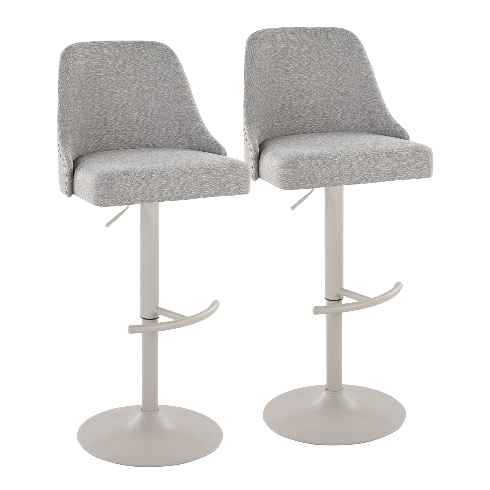 Studded Marcel Adjustable Barstool - Set of 2 - Pearl Grey Metal, Light Grey Fabric, Brass Metal
