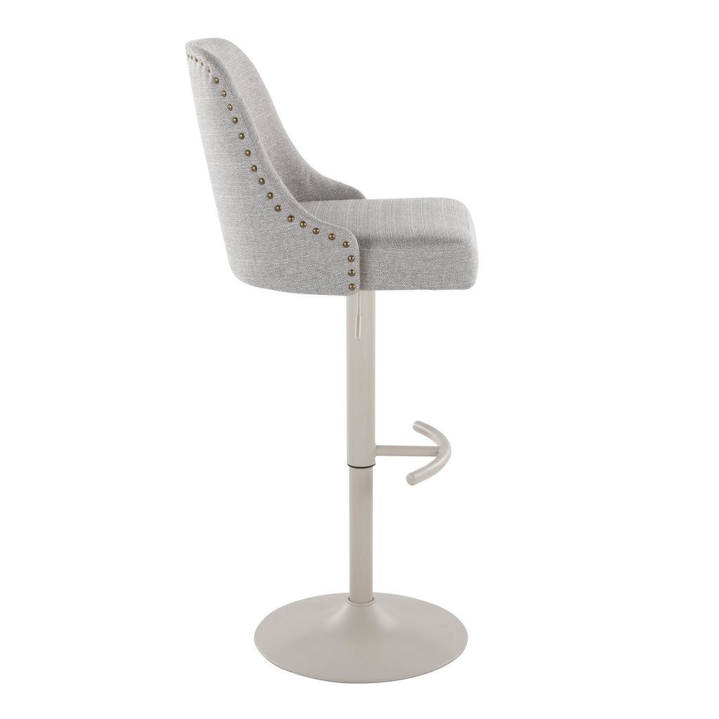 Studded Marcel Adjustable Barstool - Set of 2 - Pearl Grey Metal, Light Grey Fabric, Brass Metal