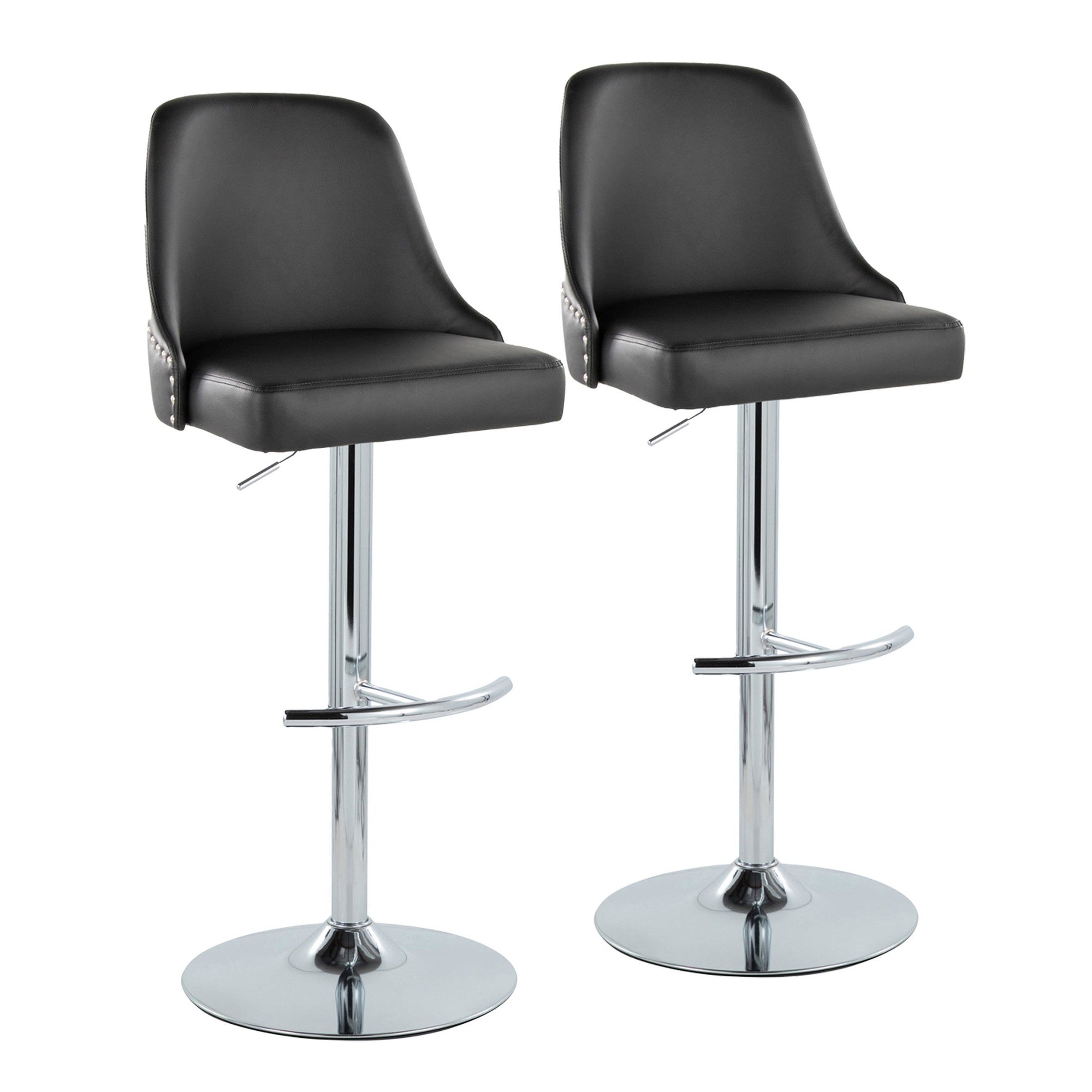Studded Marcel Barstool - Set of 2 - Chrome Metal, Black PU