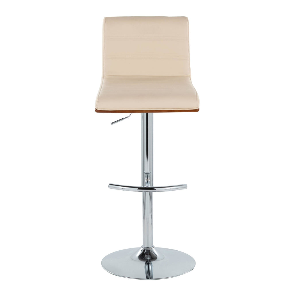 Vasari Adjustable Barstool - Set of 2 - Chrome Metal, Walnut Wood, Cream Pu