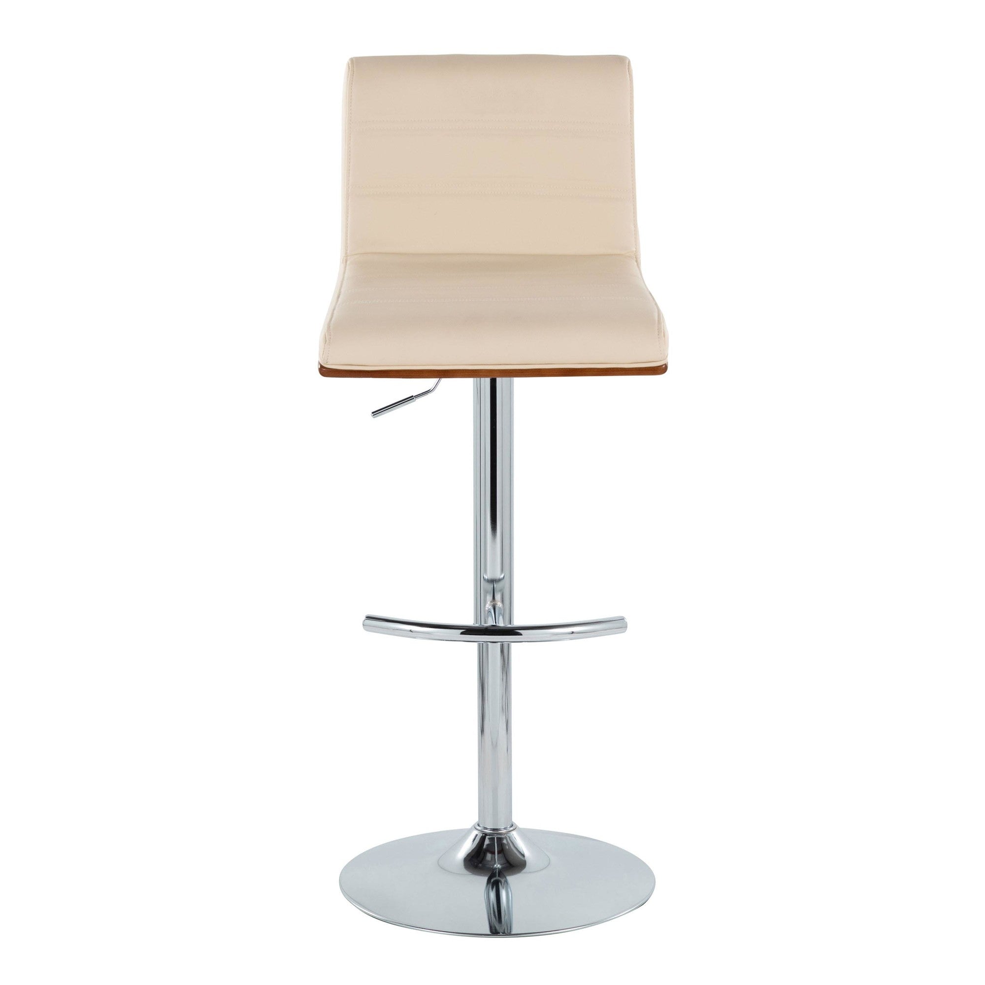 Vasari Adjustable Barstool - Set of 2 - Chrome Metal, Walnut Wood, Cream Pu
