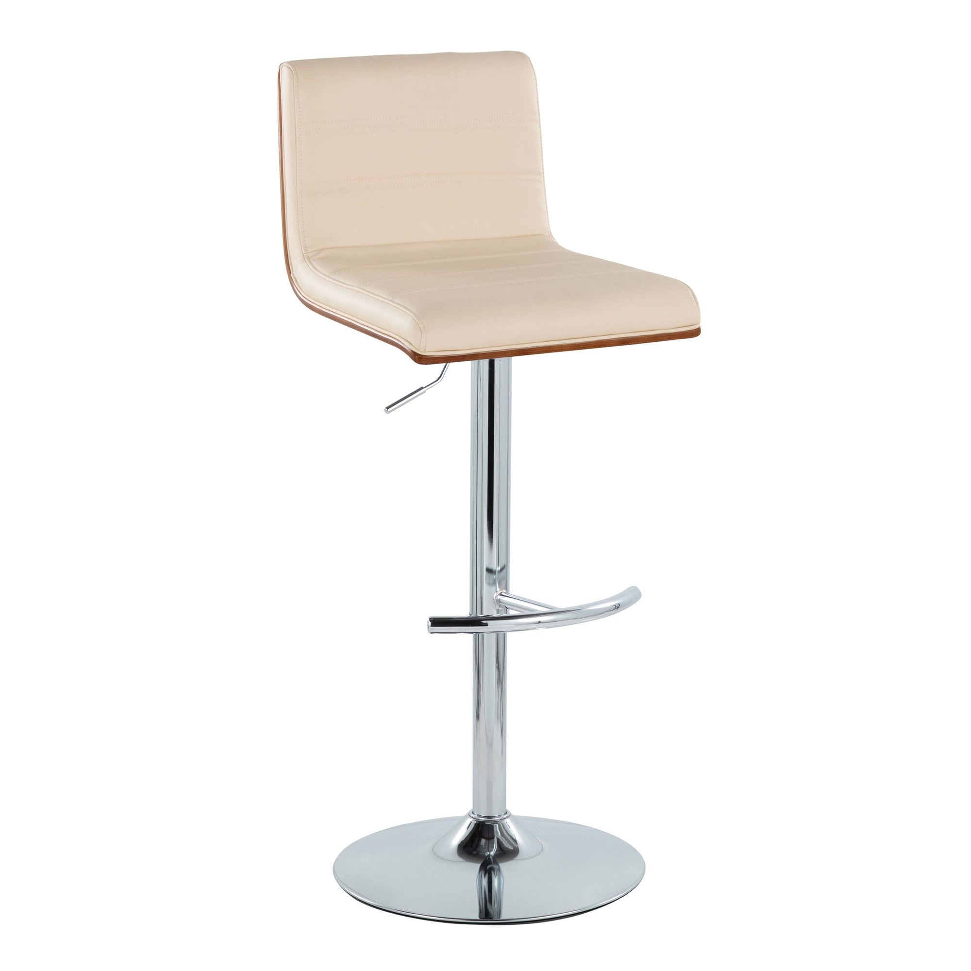 Vasari Adjustable Barstool - Set of 2 - Chrome Metal, Walnut Wood, Cream Pu