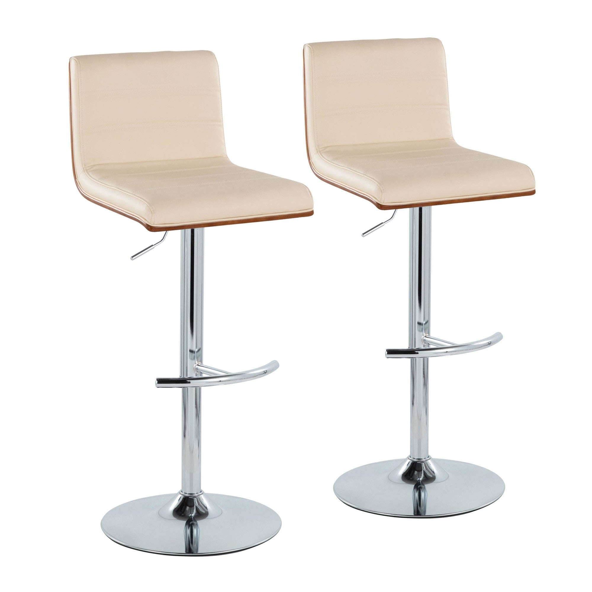 Vasari Adjustable Barstool - Set of 2 - Chrome Metal, Walnut Wood, Cream Pu
